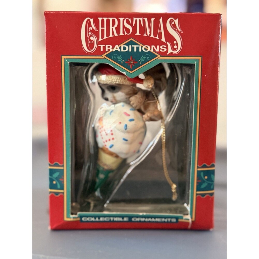 VTG 90s Lustre Fame Christmas Traditions Racoon on Ice Cream Cone Ornament NIB